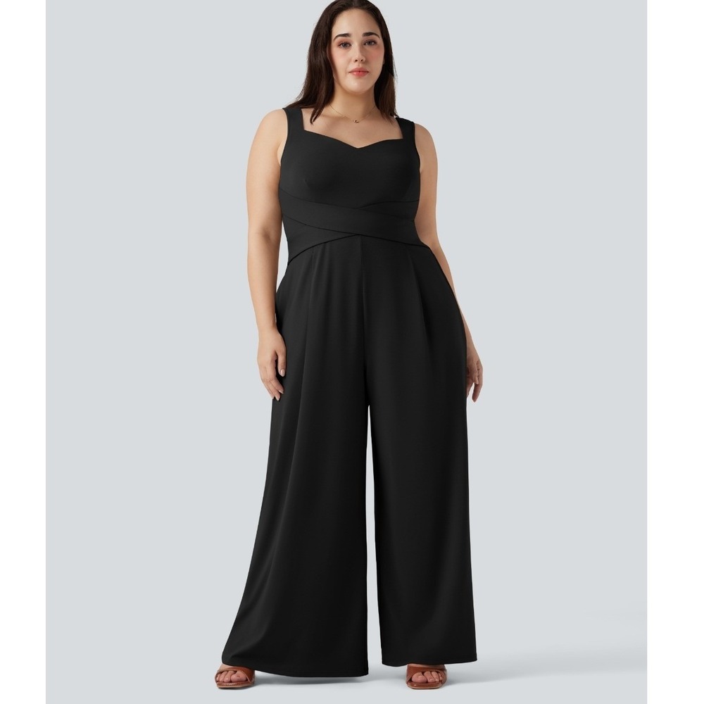Halara Womens 1X Jumpsuit Black U Back Sleeveless Wide Leg Crisscross